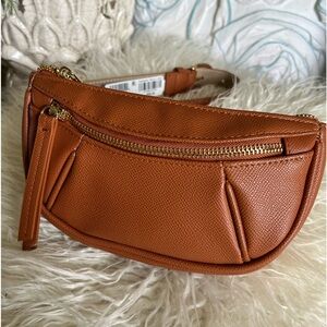 NWT COGNAC FANNY PACK WITH ZIPPERS RETAILS 58.00